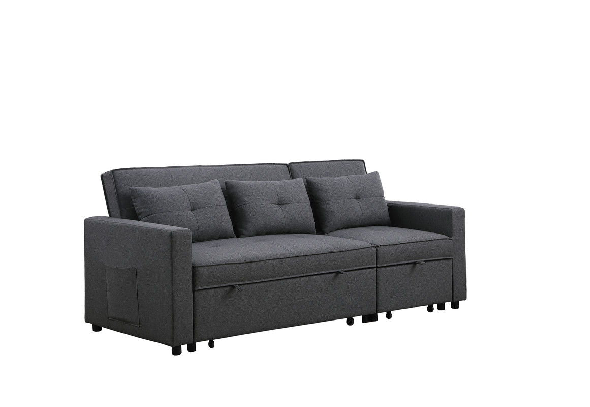 Zoey 79.75"W Dark Gray Linen Convertible Sleeper Sofa with Side Pocket
