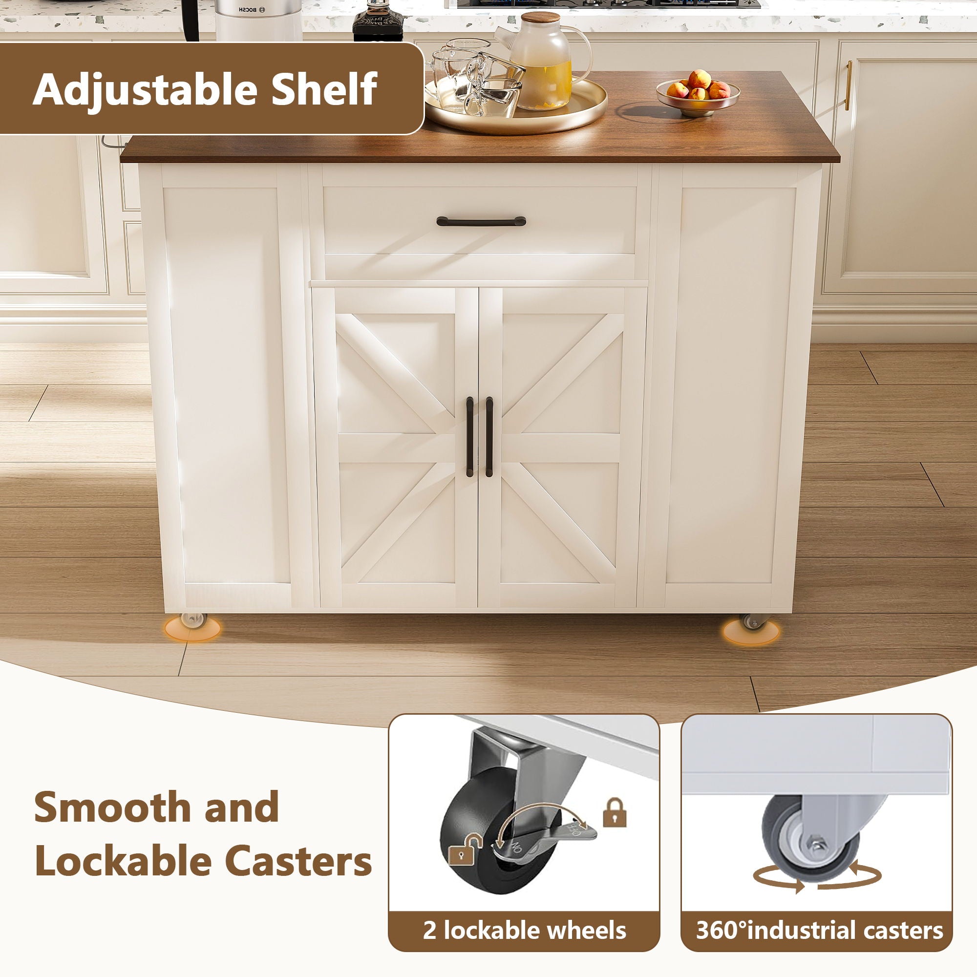 Rustic Movable Kitchen Island On Wheels With Storage & Power Outlet - White