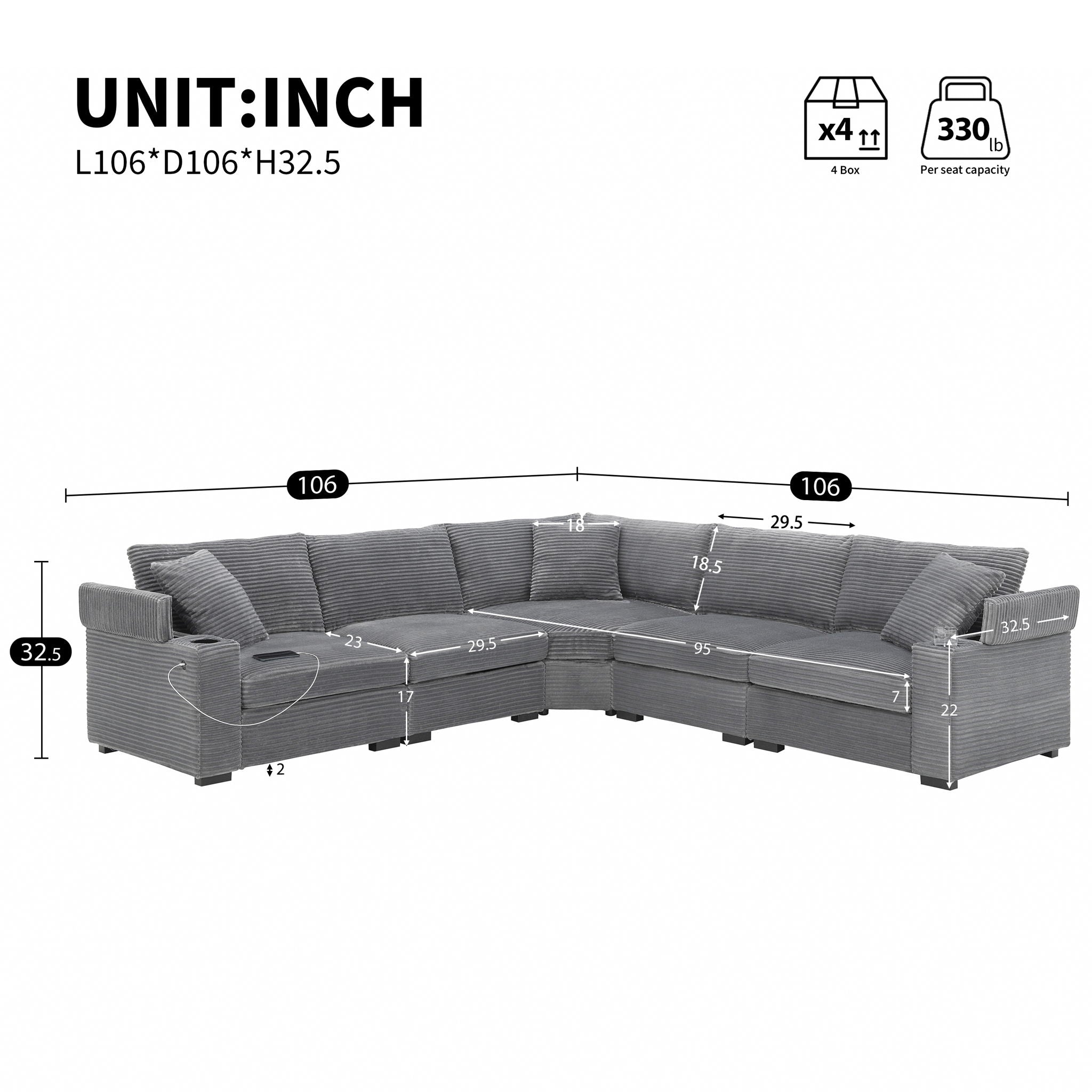 Convertible L Shaped Sectional Corner Couch With Armrest Storage Cup Holders USB Charger, Irregular Corner Oversized Comfy Modular Sofa