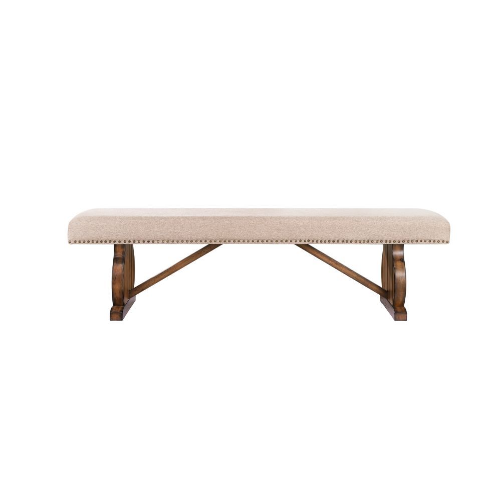 ACME Maurice - Bench - Khaki Linen & Antique Oak | Meri Furniture