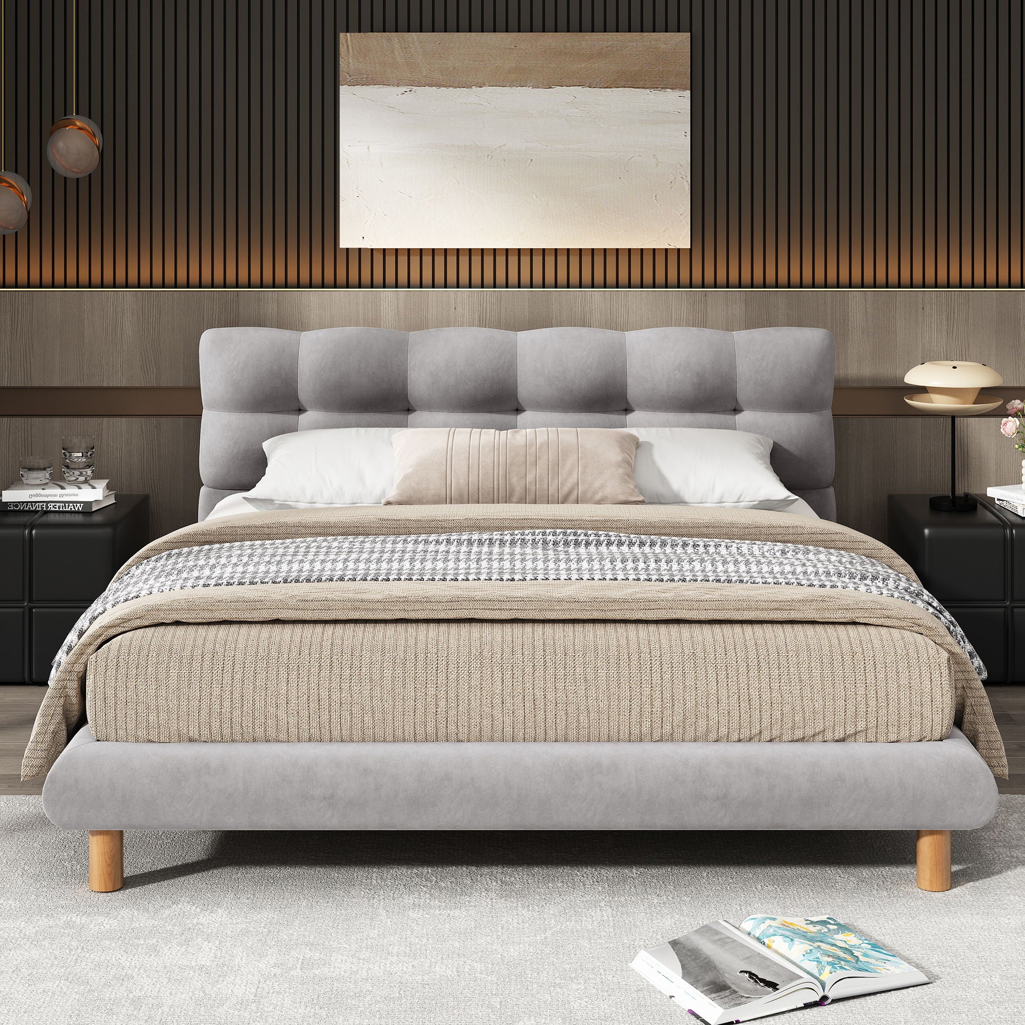 Upholstered Platform Bed Frame With Cookie Shaped Headboard
