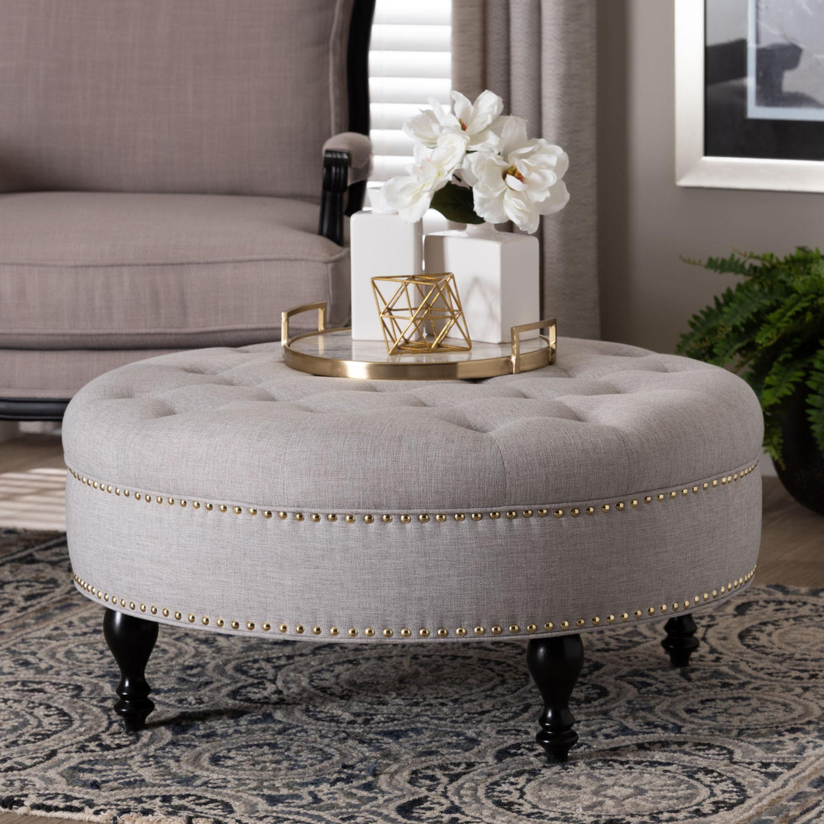 Palfrey Beige Linen Modern Tufted Ottoman