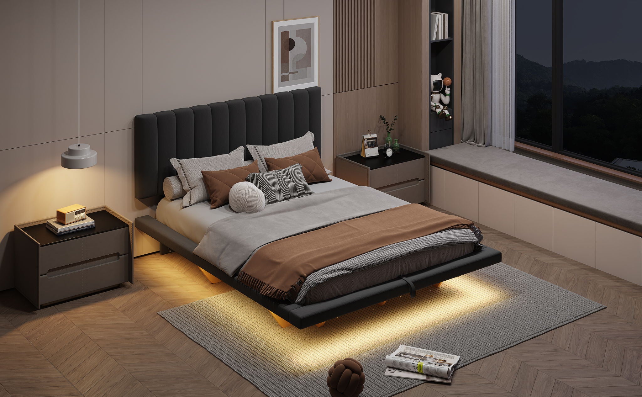 Upholstered Floating Hydrualic Platform Bed With LED Light And USB Port