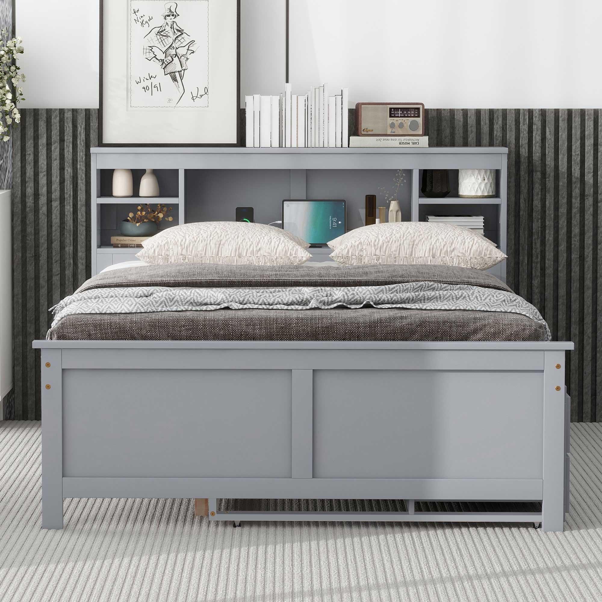 Platform Bed With Storage Headboard, USB, Trundle And 3 Drawers