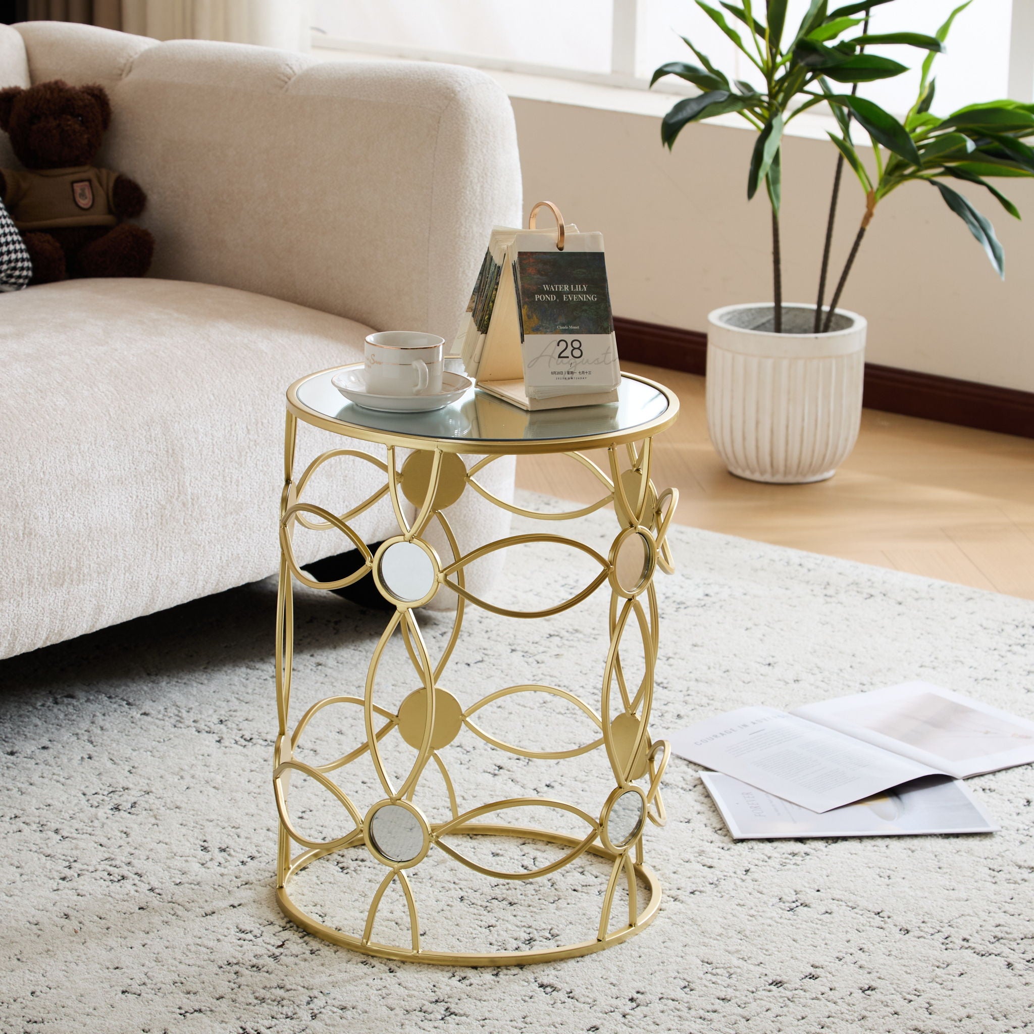 Modern Side Table With Mirror Top And Metal Frame - Gold / Clear