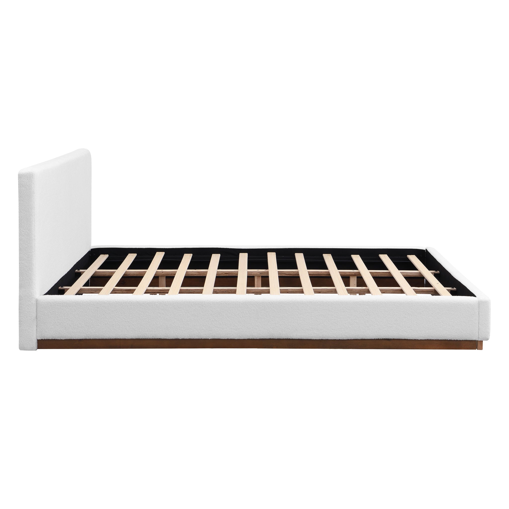 Elegant Boucle Upholstered Bed With Wood Grain Textured Solid Wood Base Frame