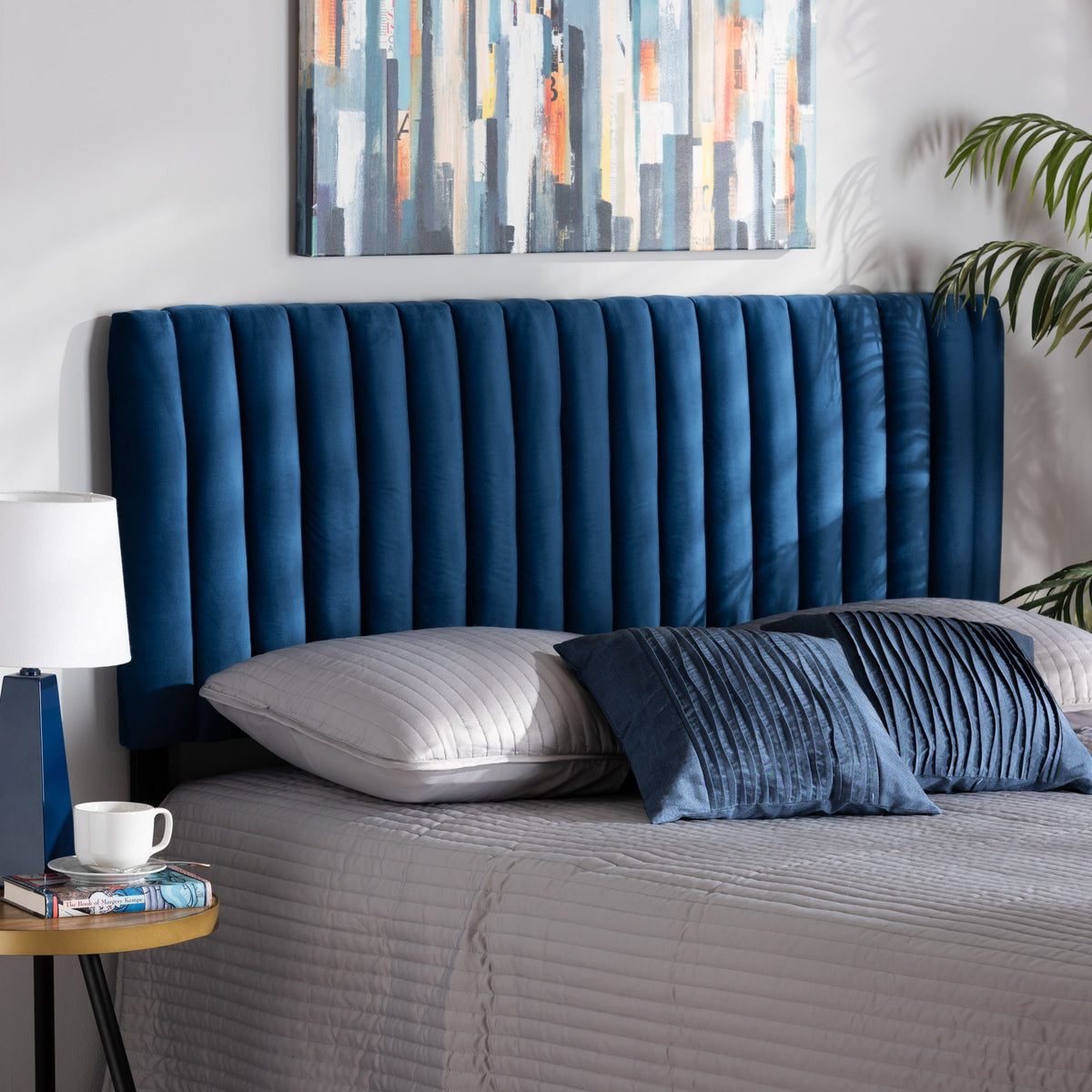 Emile Modern and Contemporary Navy Blue Velvet Fabric Upholstered and Dark Brown Finished Wood Full Size Headboard