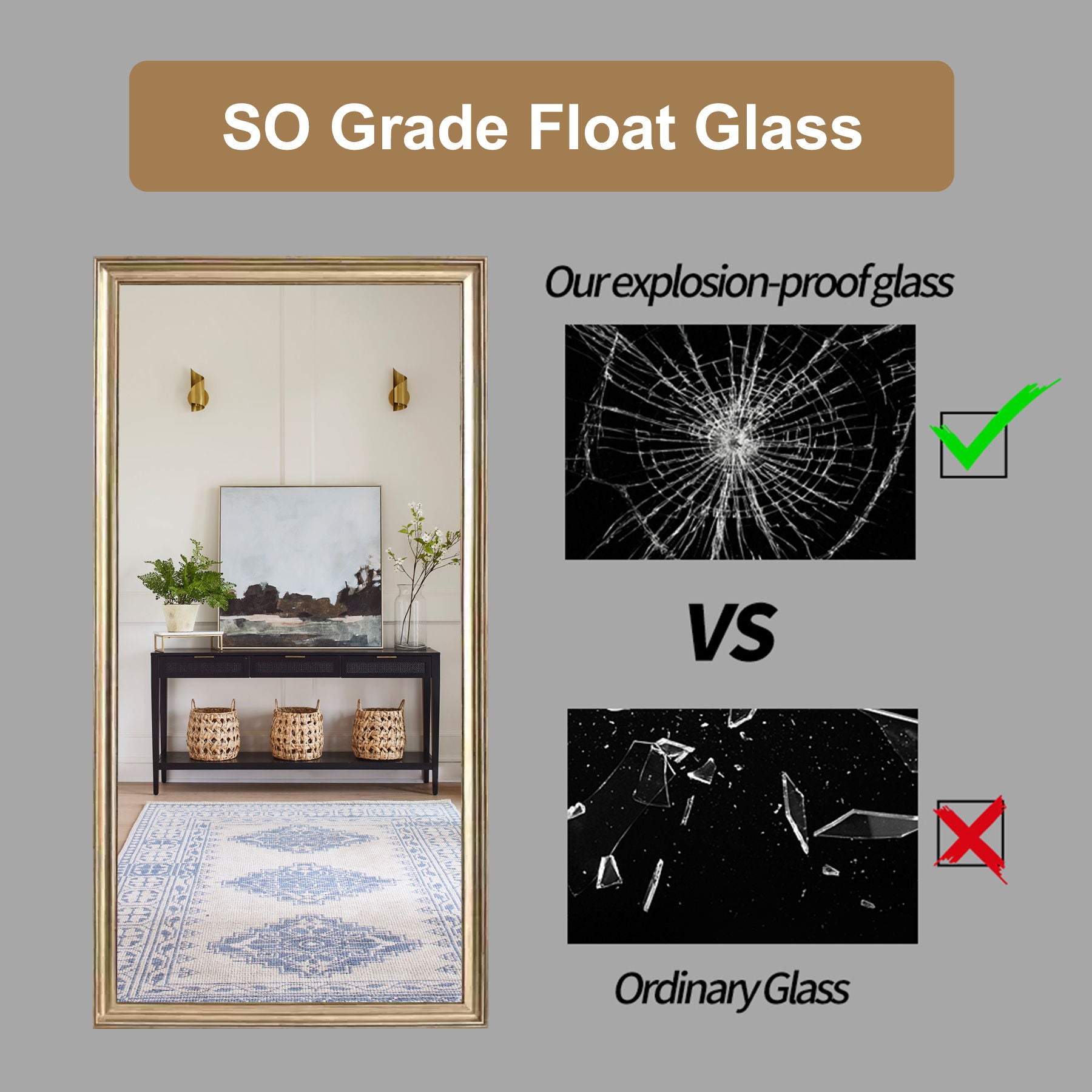 Elegant Full Body Floor Mirror With Artificial Wood Frame, Durable Design - Copper