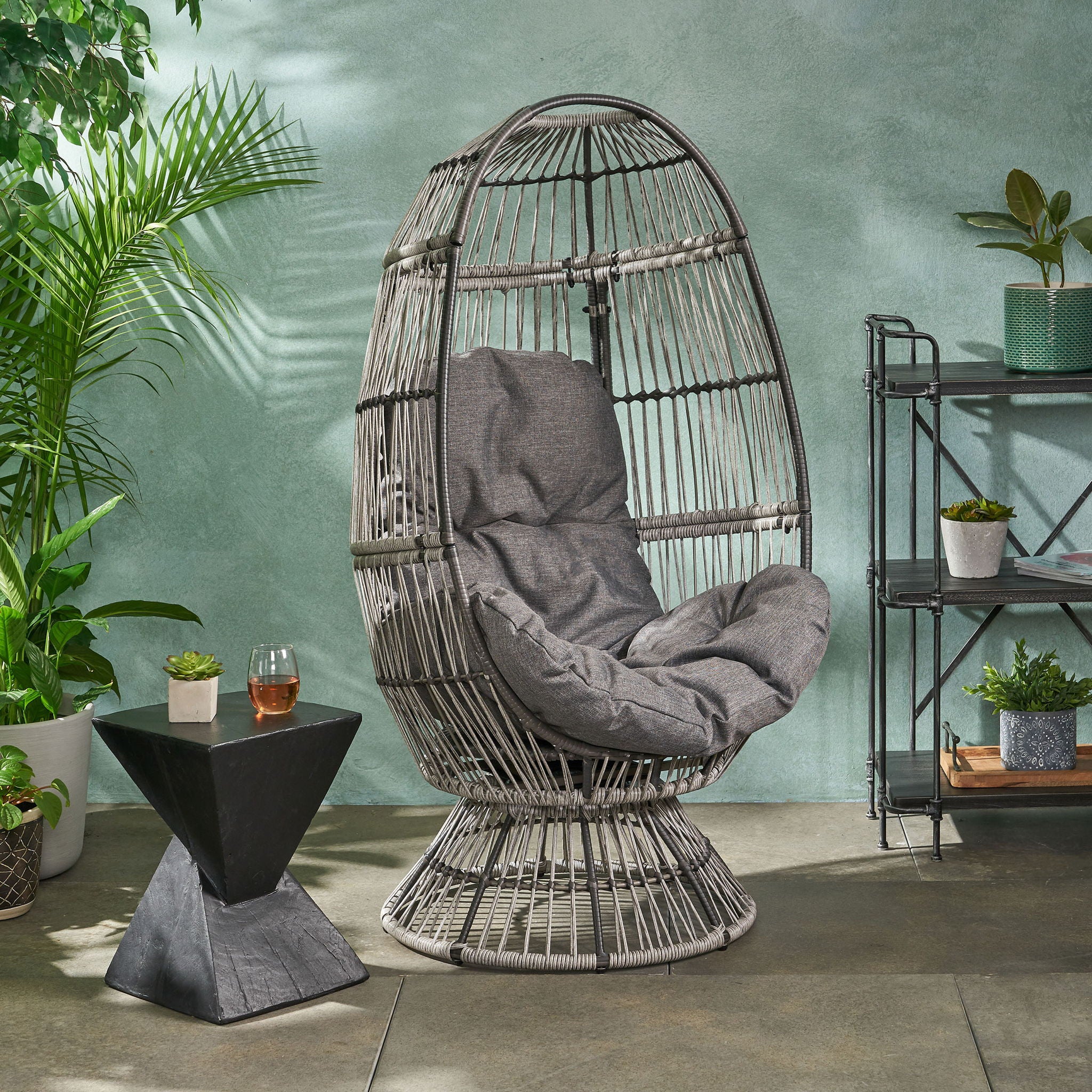 Patio Swivel Basket Egg Chair With Cushion