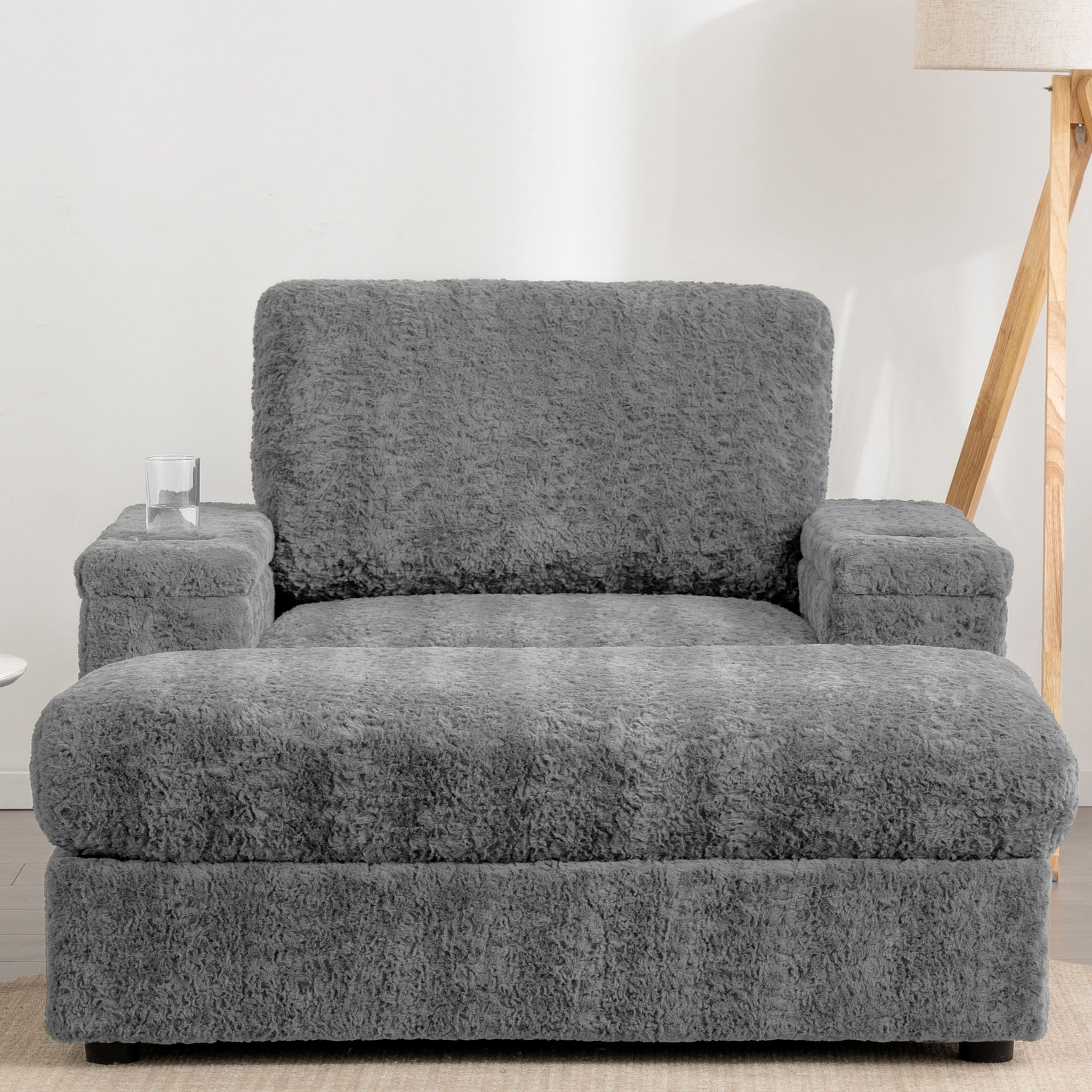 Oversized Chaise Lounge Indoor Rabbit Fur Sofa Bed With Storage Ottoman And Armrests Cup Holders With Deep Seat