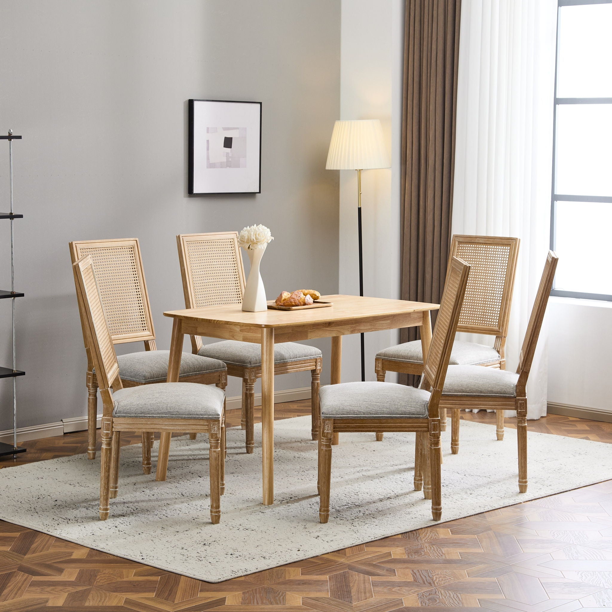 French Country Dining Chair With Rectangular Cane Backrest And Smooth Upholstered Seating