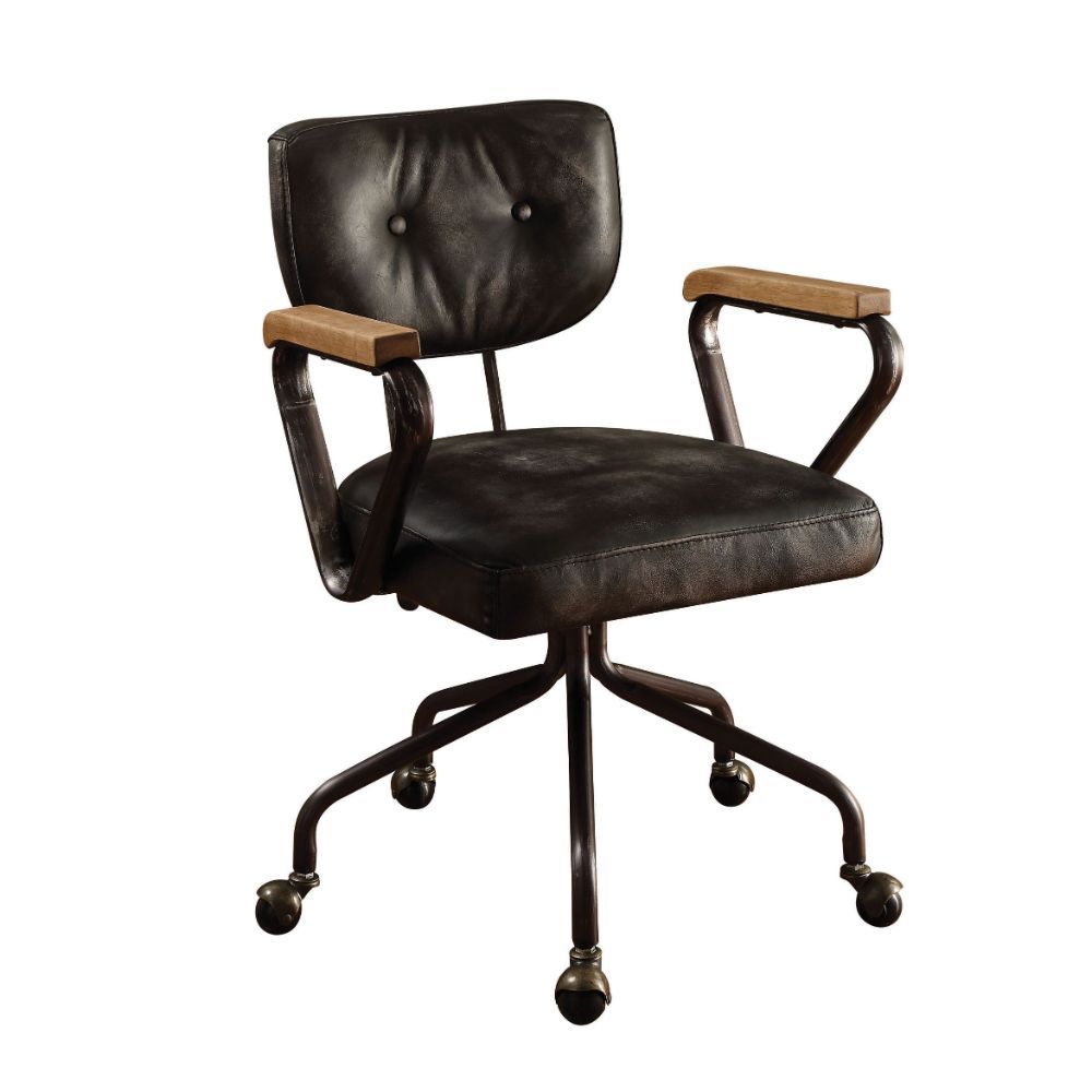 ACME Our durable Hallie office chair gets its industrial look from oversized button tufted back and vintage top grain leather. The 5-star swivel base fitted with casters, it keeps you moving from one task to the next. Some Assembly Required. | Meri Furnit
