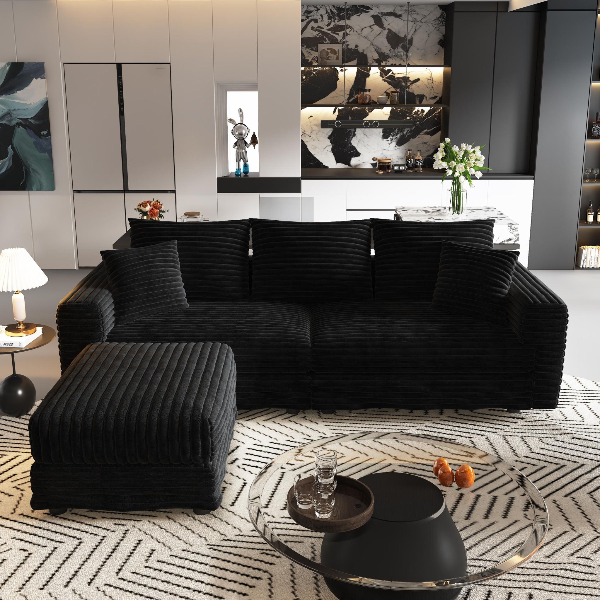 Convertible Deep Seat Sofa With Soft Pillows And Ottomans