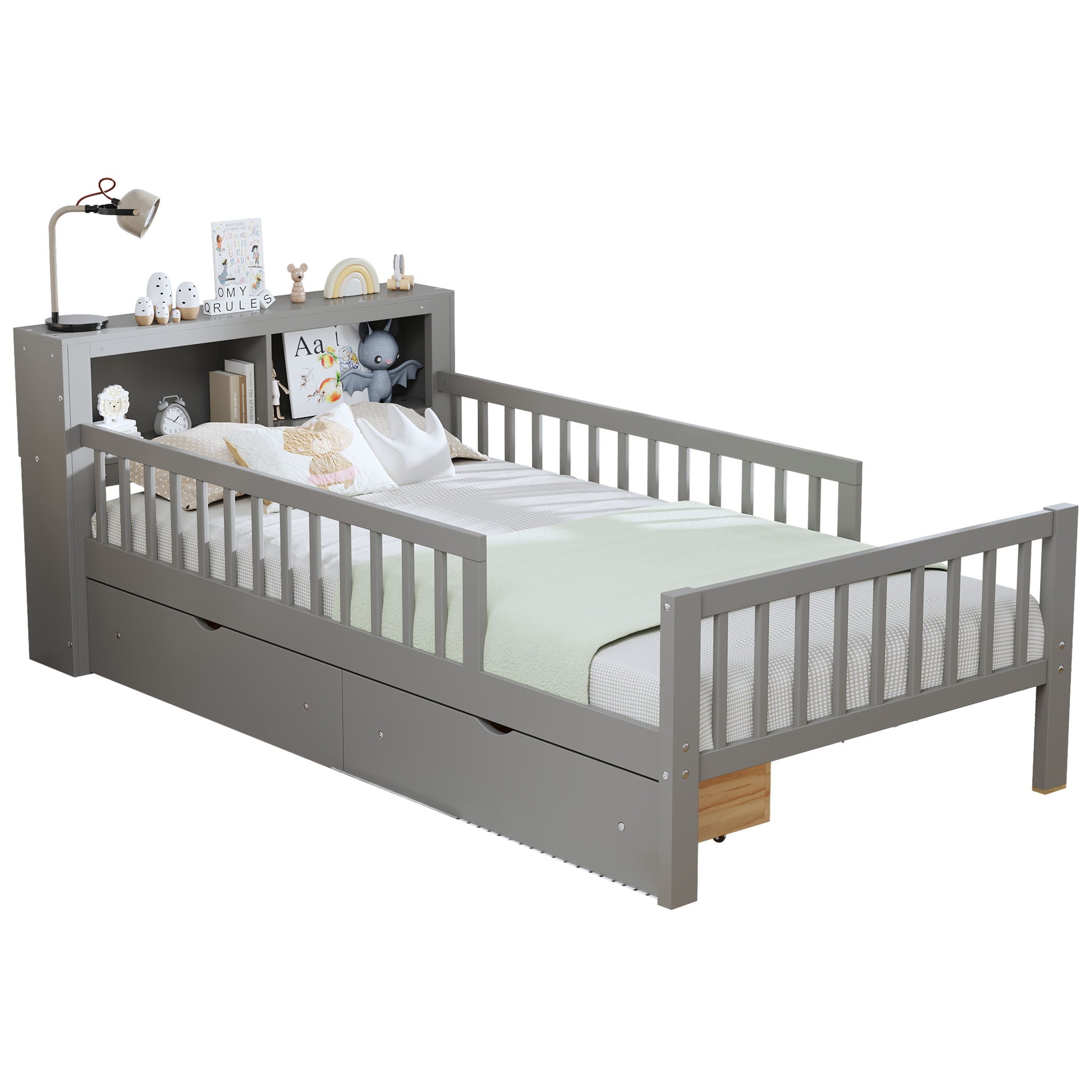 Bed With Headboard Storage Rack, 2 Under Bed Drawers, 3 Side Guardrails For Safety