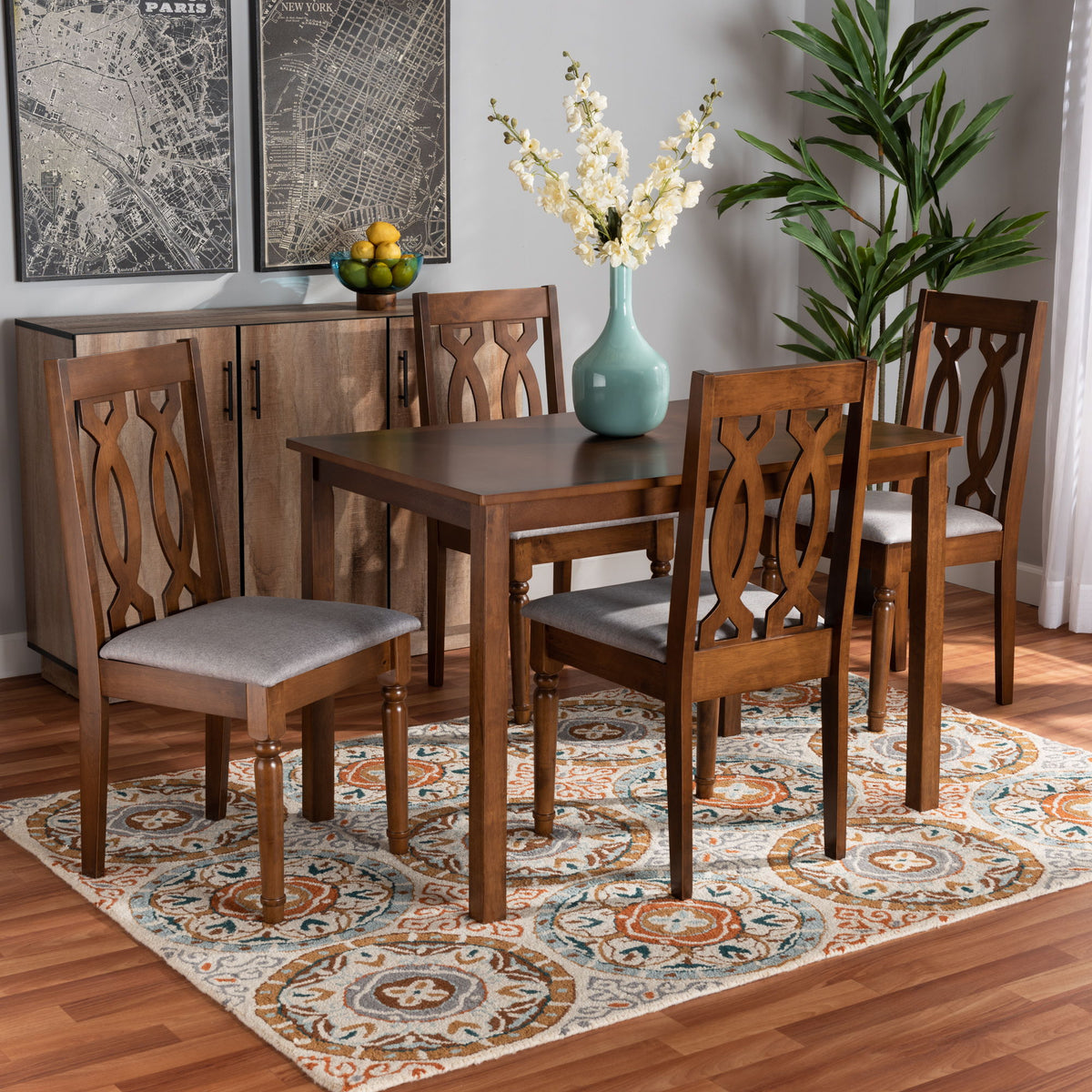 Cherese Modern and Contemporary Grey Fabric Upholstered and Walnut Brown Finished 5-Piece Wood Dining Set