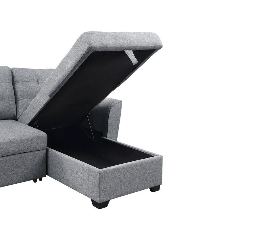 Avery 90.5"W Light Gray Linen Sleeper Sectional Sofa with Reversible Storage Chaise