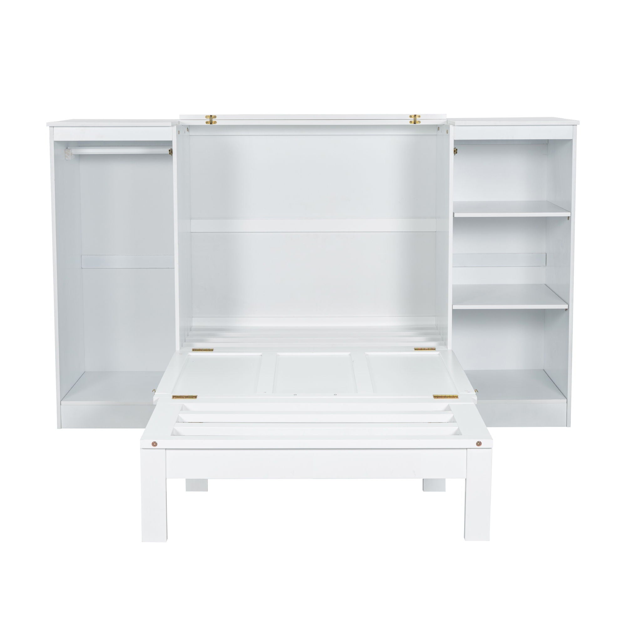 Twin Size Murphy Bed With Bedside Shelves And Wardrobe - White