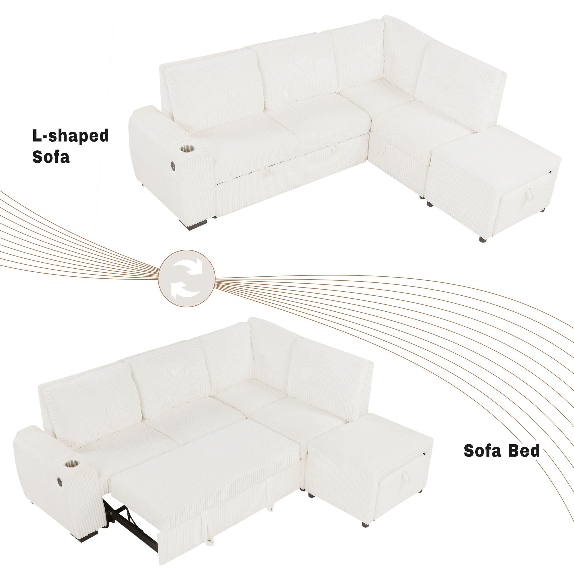 Pull-Out L-Shaped Sectional Sofa With Movable Ottoman And Stool, Large Storage Space, A Cup Holder, And 2 USB Ports For Living Room