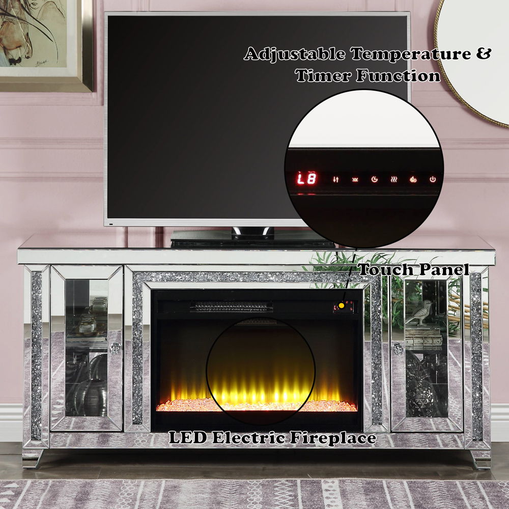 Noralie - TV Stand With Fireplace & LED - Mirrored & Faux Diamonds