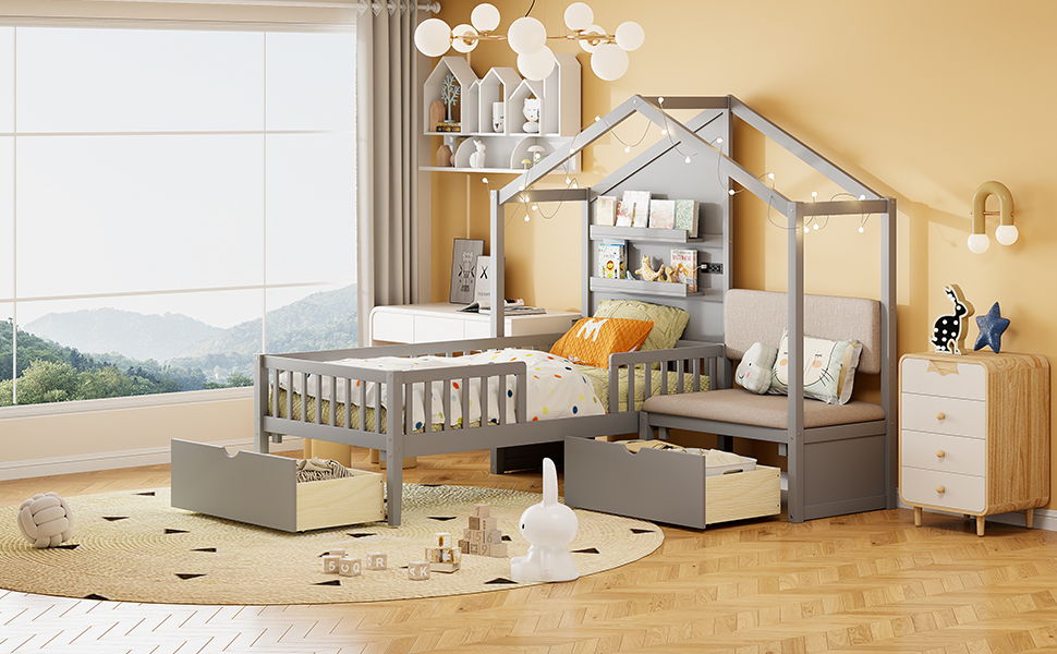 House Bed With Upholstered Sofa, Wireless Charging Station, Shelves And 2 Drawers