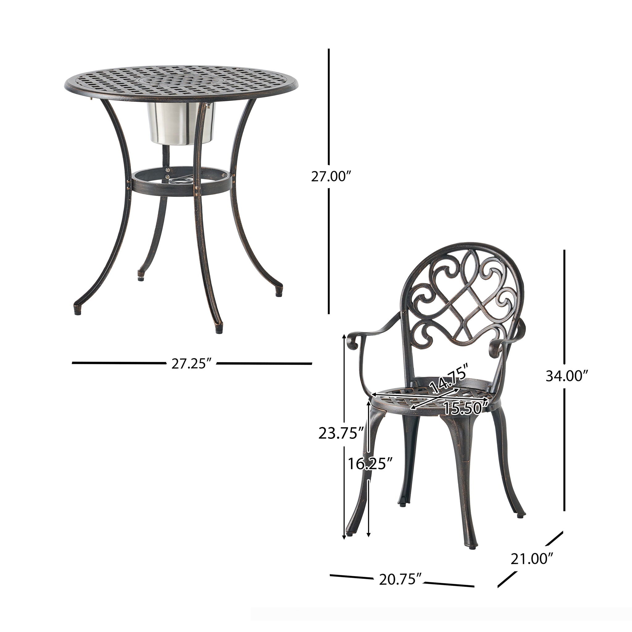 3 Piece Outdoor Aluminium Cast Bistro Set With Ice Bucket - Copper