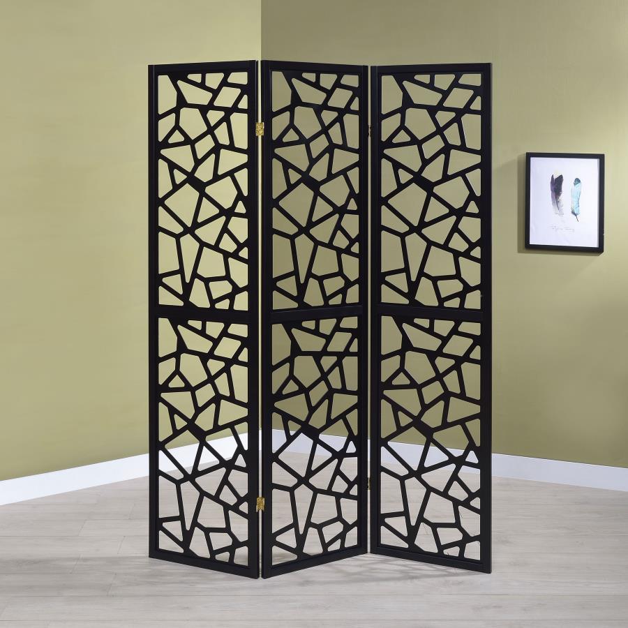 Nailan - 3-Panel Room Divider Folding Screen Open Mosaic - Black