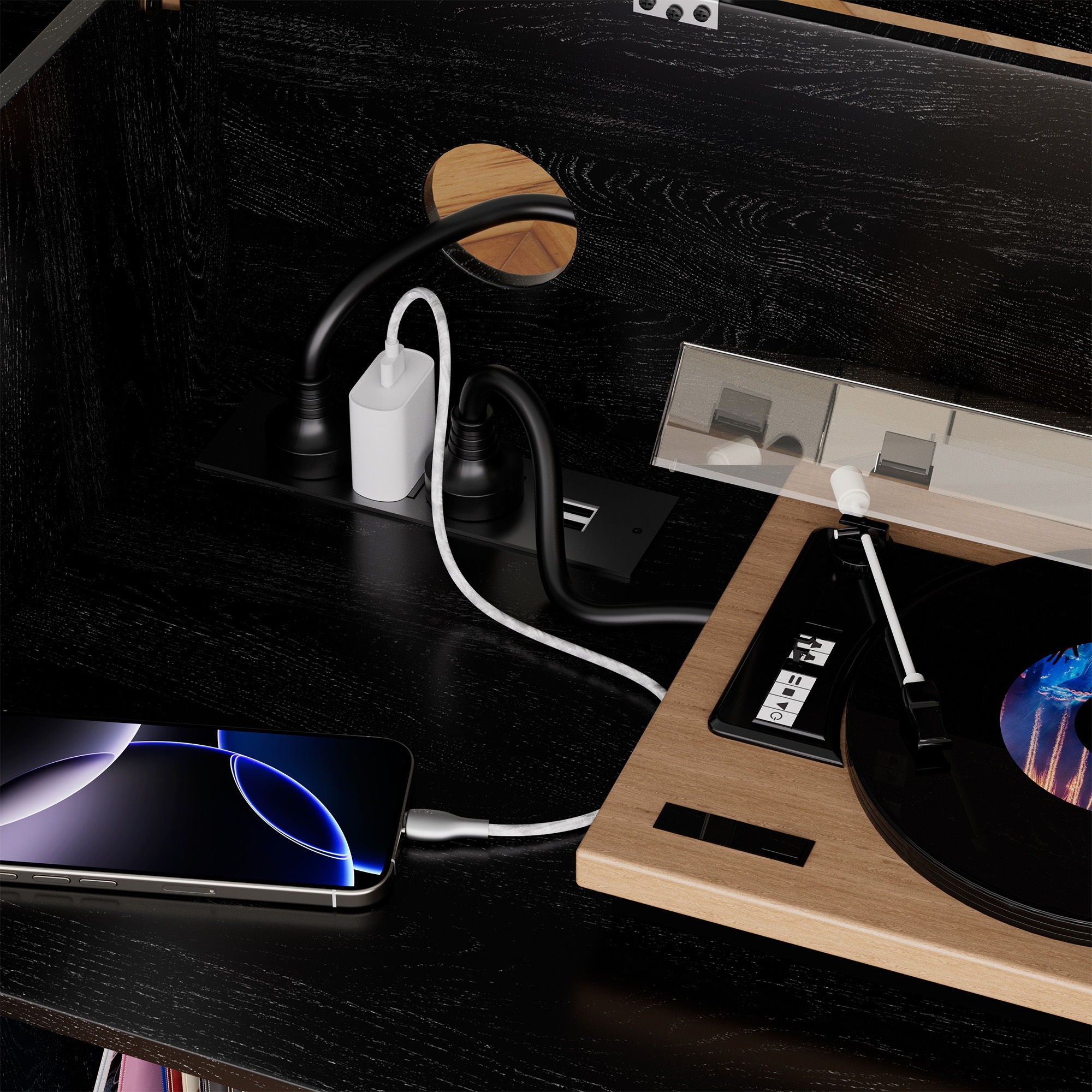 Grain Record Player Stand, Media Console With Speaker Shelf & 2 Drawers