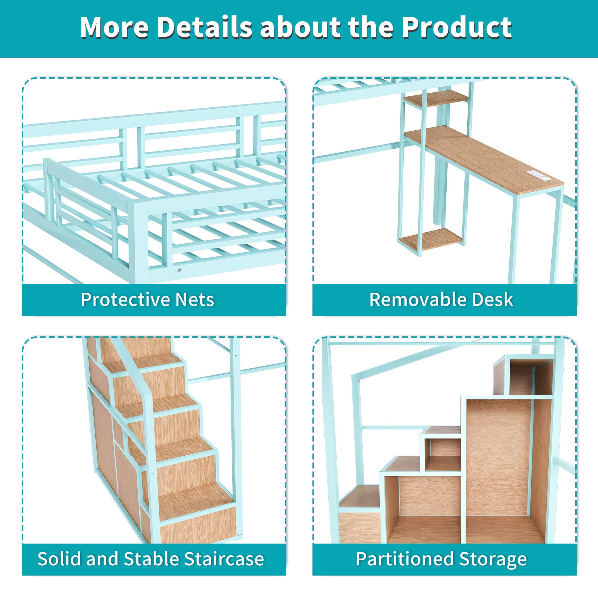 Heavy Metal Frame Full Loft Bed With Desk & Storage, 4 Cabinets, Staircase, Rack Space Saver - Green