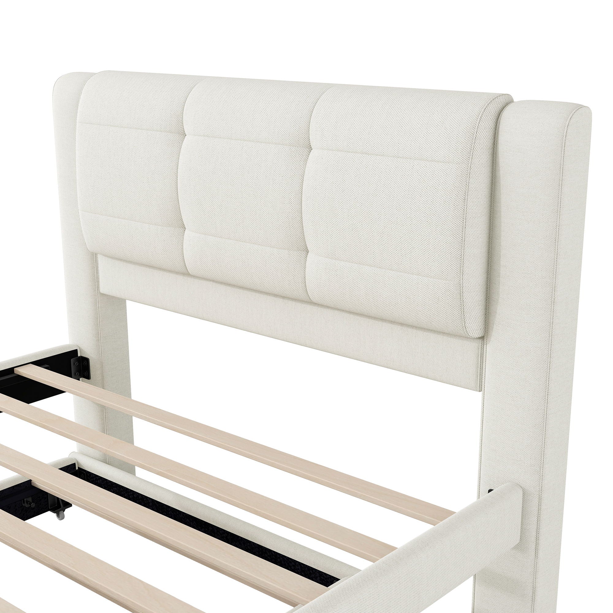 Full Size Upholstered Platform Bed With Adjustable Trundle - Beige