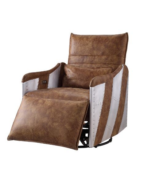 ACME Qalurne - Recliner - 2-Tone Mocha Top Grain Leather & Aluminum | Meri Furniture