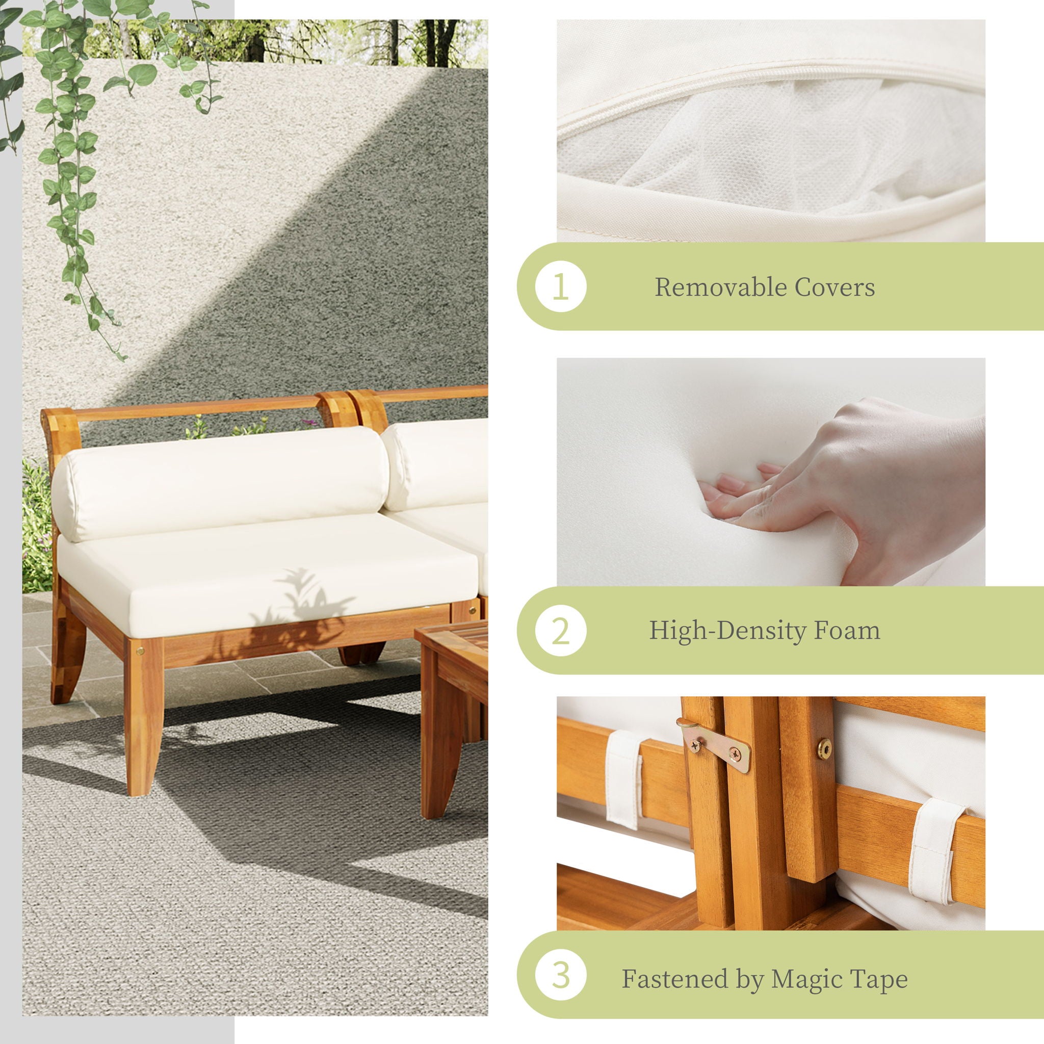 6 Piece Patio Sofa Set, Acacia Wood Outdoor Modular Sectional Garden Furniture Set L Shaped Conversation Set, Convertible Daybed With Tea Table, Ottoman, 5 Cushions And Pillows - Teak / Beige