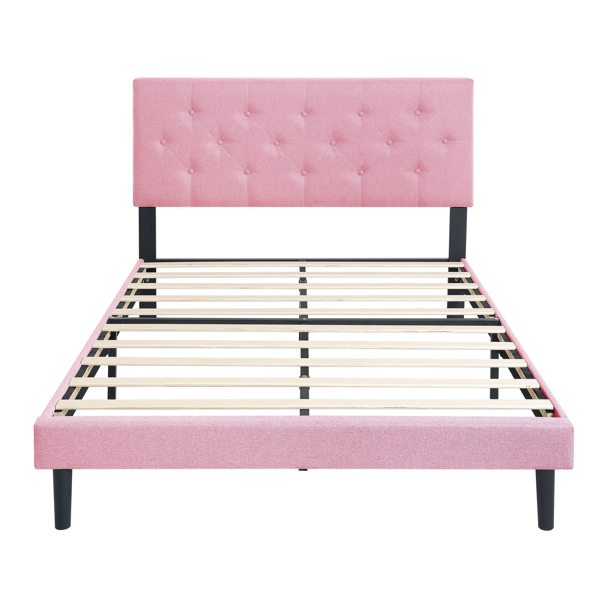 Modern Upholstered Platform Bed Frame With Button Tufted Linen Fabric Headboard