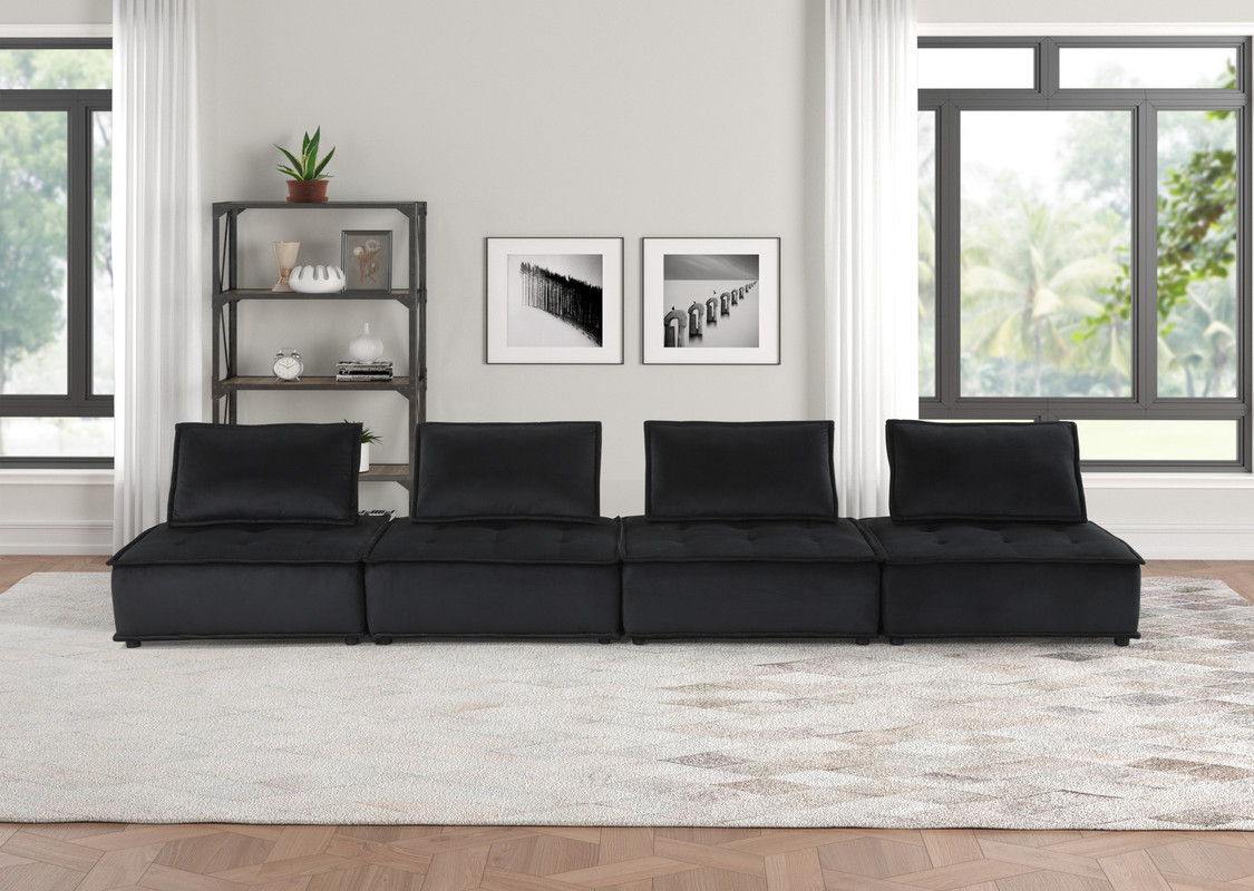 Anna 120"W Black Velvet 4 Pc Sectional Sofa