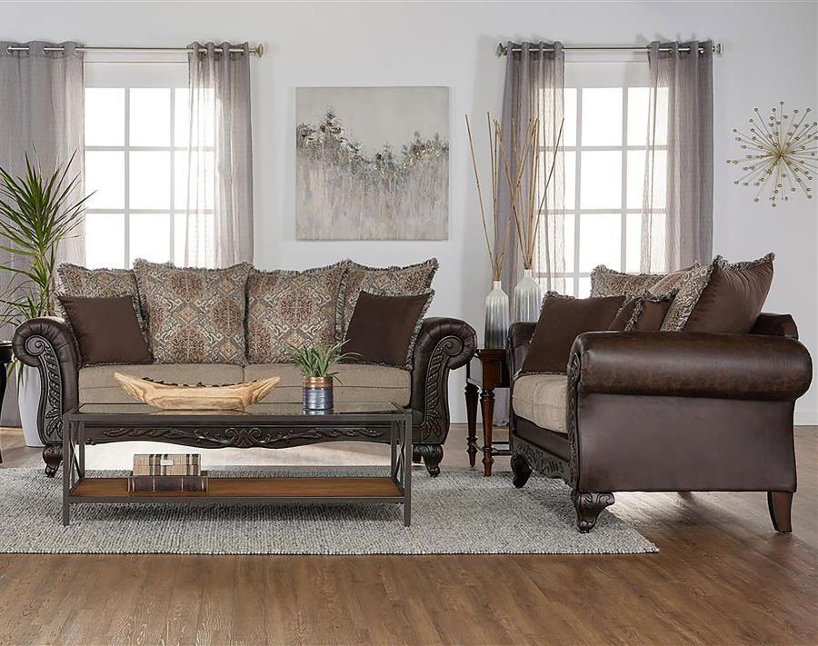 Coaster Fine Furniture Elmbrook - Upholstered Rolled Arm Sofa Set With Intricate Wood | Meri Furniture