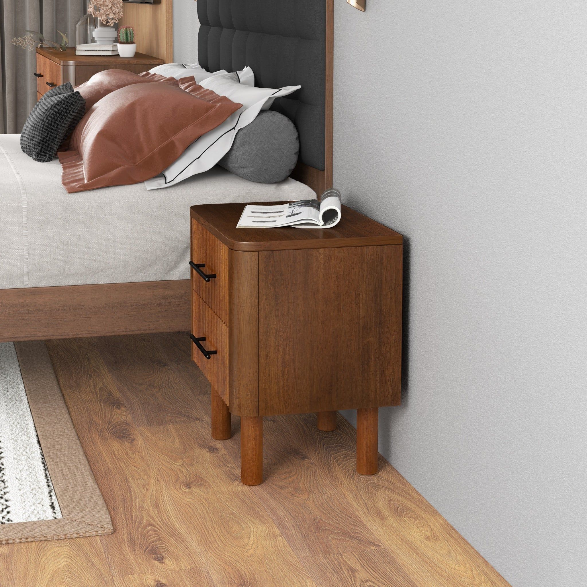 Logan - Mid-Century Modern Nightsd Bed Side Tables With 2 Drawers - Brown
