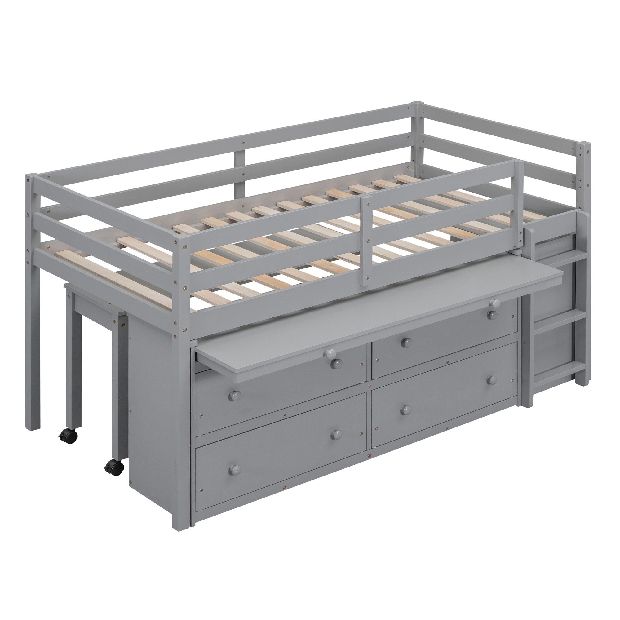Loft Bed With Retractable Writing Desk And 4 Drawers, With Lateral Portable Desk And Shelves