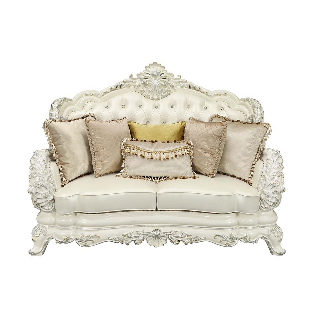 ACME Adara - Loveseat - White PU & Antique White Finish | Meri Furniture