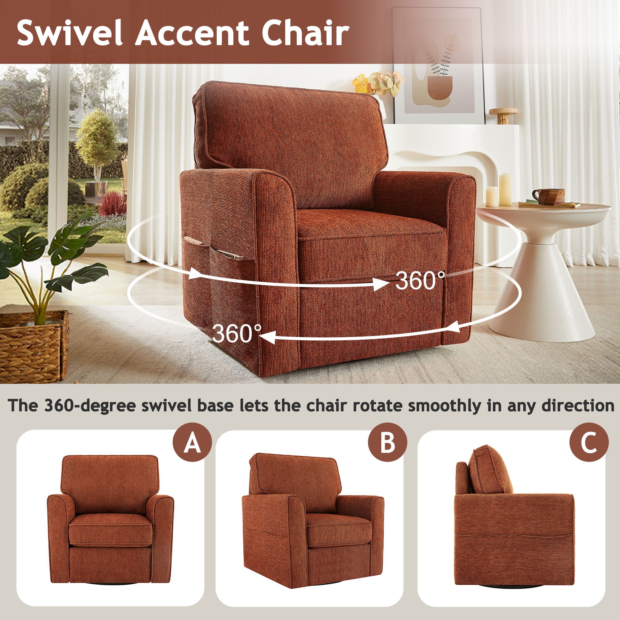 360° Swivel Accent Barrel Armchair With Side Pockets, Compact Design