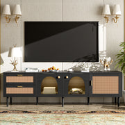 Rattan TV Stand With 3 Cabinets & 2 Drawers, Rattan-Inspired Media Console Table For Tvs Up To 80'', LED Light Entertainment Center, TV Cabinet For Living Room - Black
