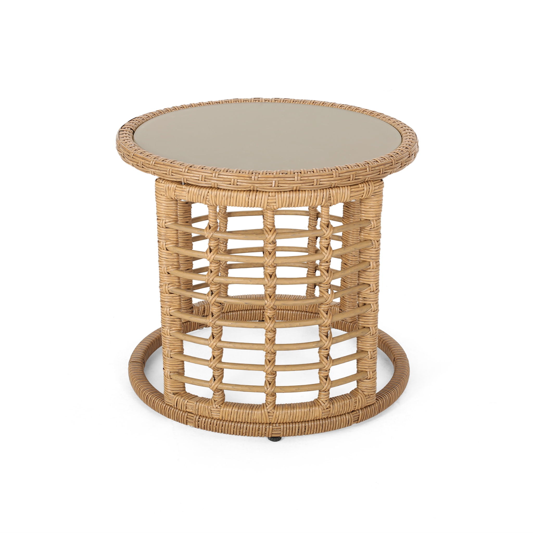 Outdoor Side Table With Tempered Glass Top And Rattan Wicker Cover - Light Brown
