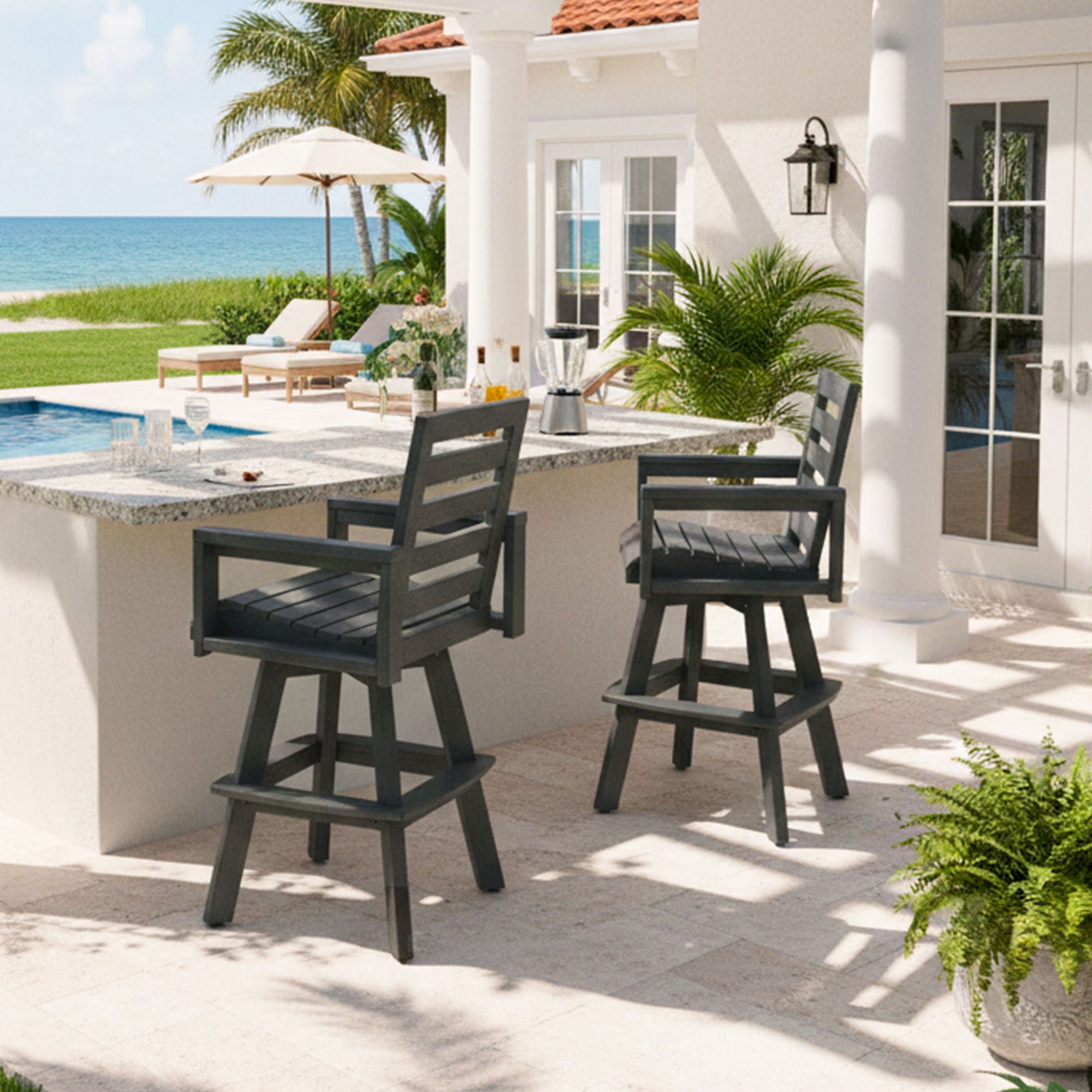 Outdoor Swivel Bar Chair, Ladderback With Wide & Thickened Frame