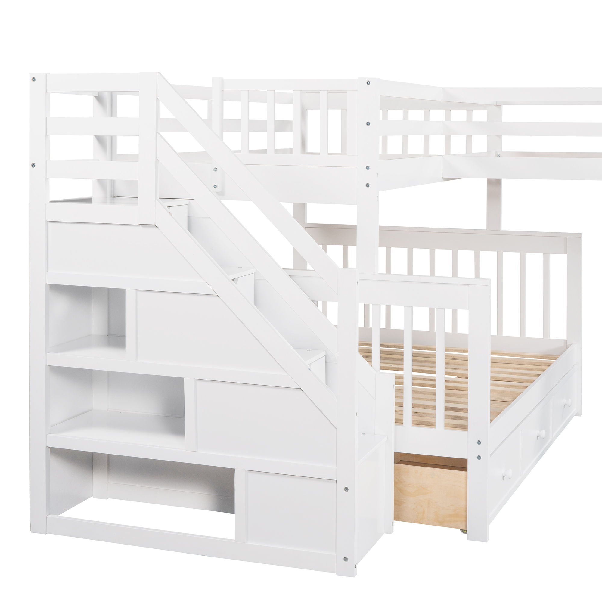 Solid L Shaped Bunk Bed With 3 Drawers, Ladder And Staircase