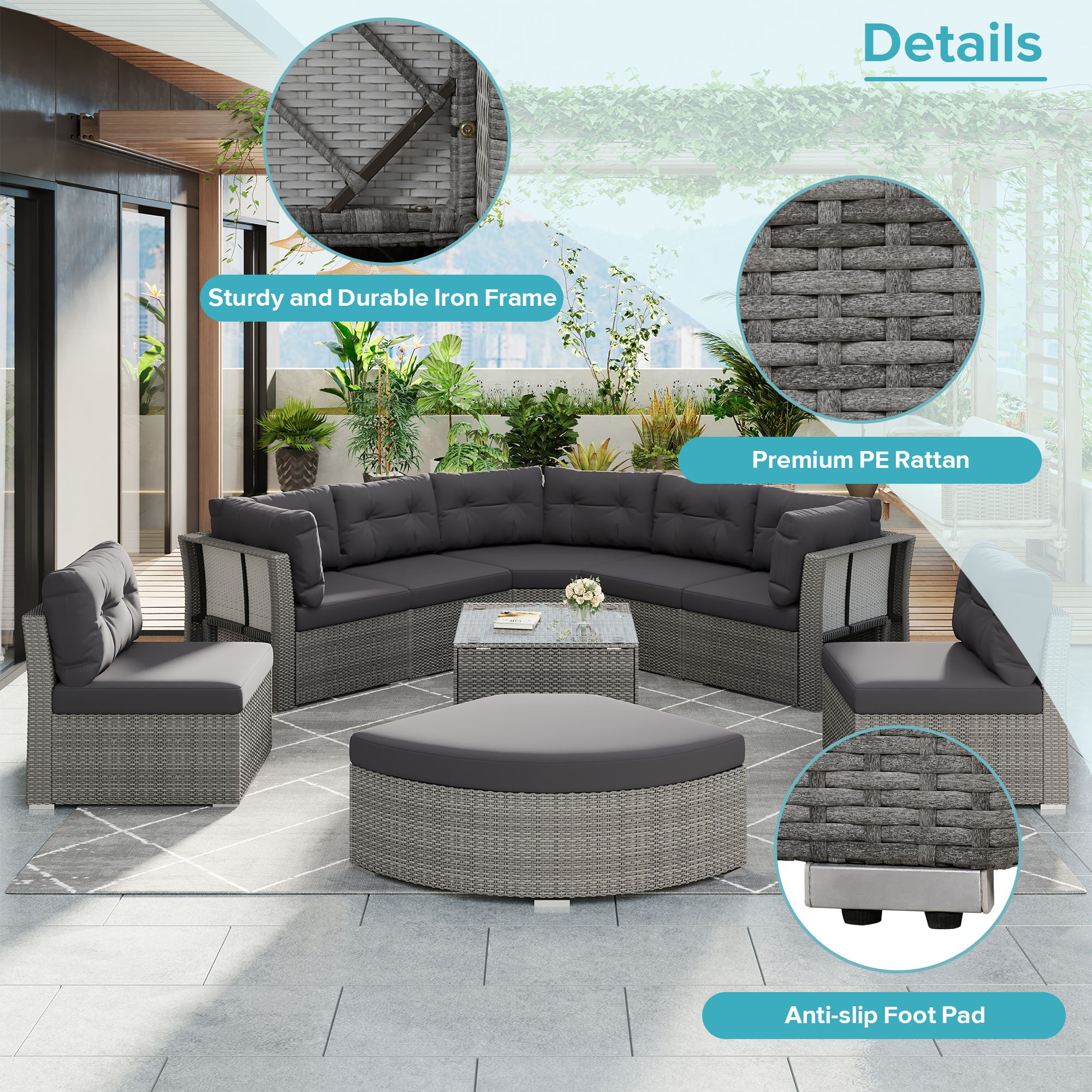 Elegant Patio Furniture Set Outdoor Daybed Rattan Sectional With Cushions And Center Table - Gray