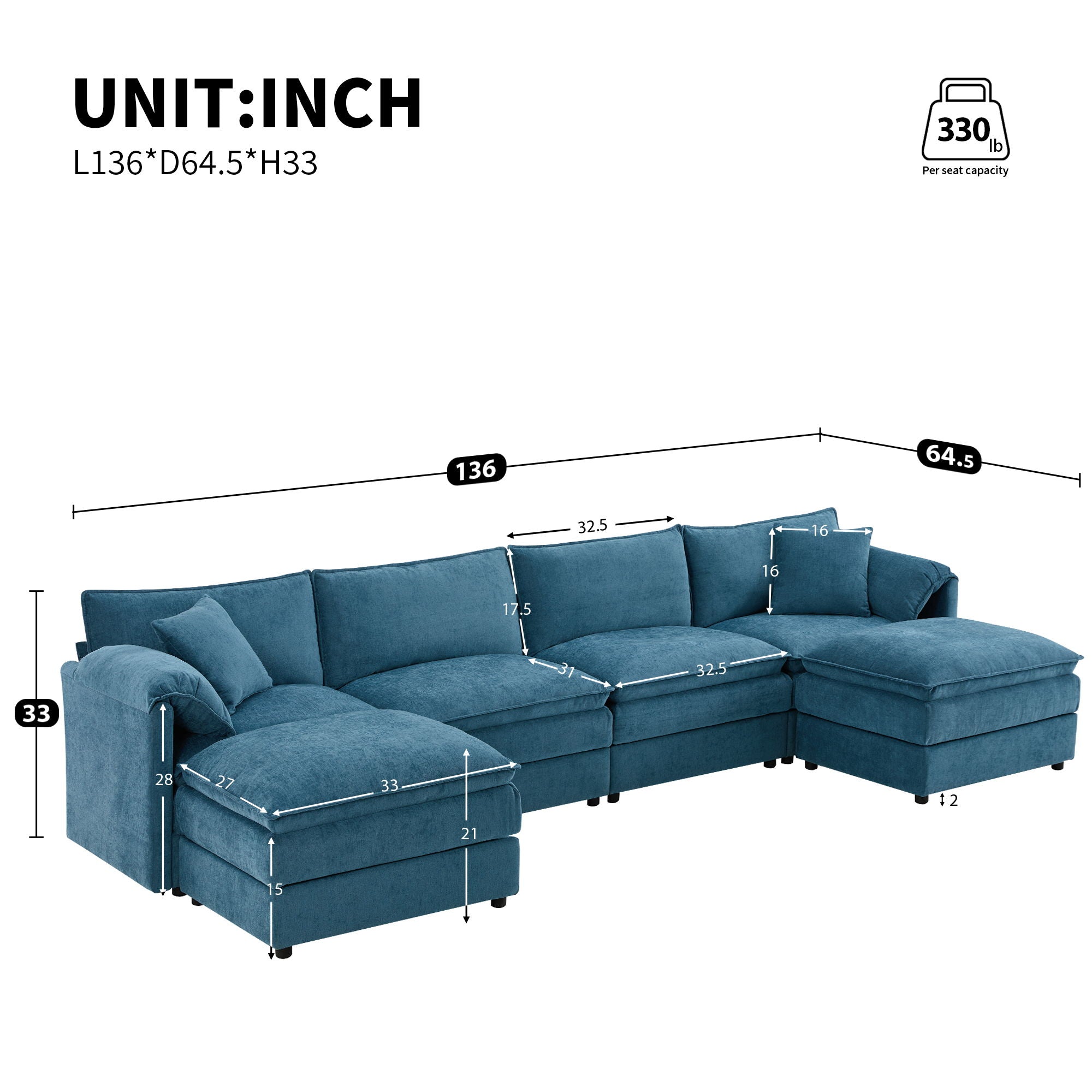 Modular Sectional With Deep And Wide Seat, Cloud Couch Set With Double Cushions Sofa With Movable Ottoman