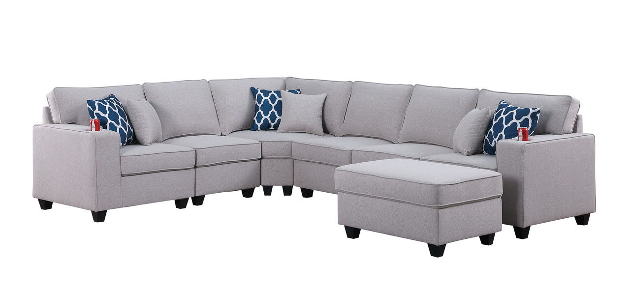 Cooper 125"W Light Gray Linen 7Pc Reversible L-Shape Sectional Sofa with Ottoman and Cupholder