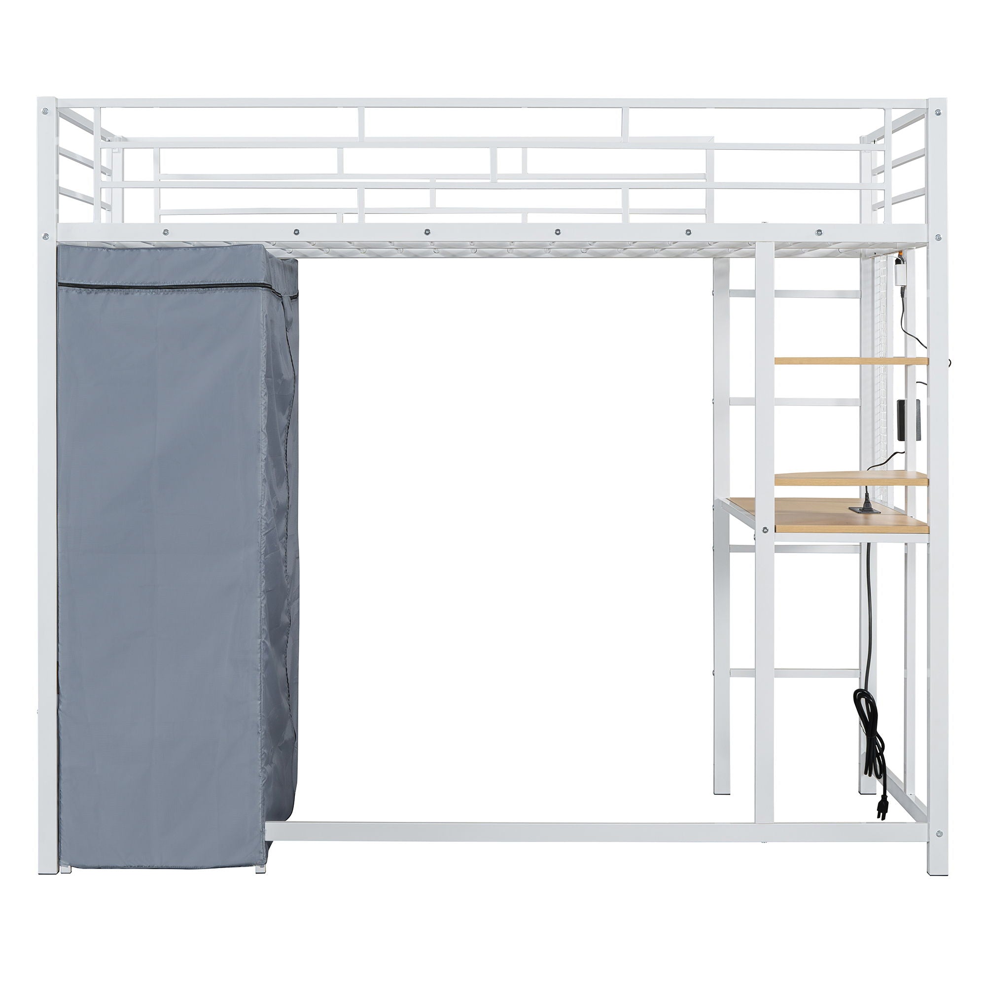 Loft Bed With Desk, Shelves, Power Outlet, LED Light And Wardrobe