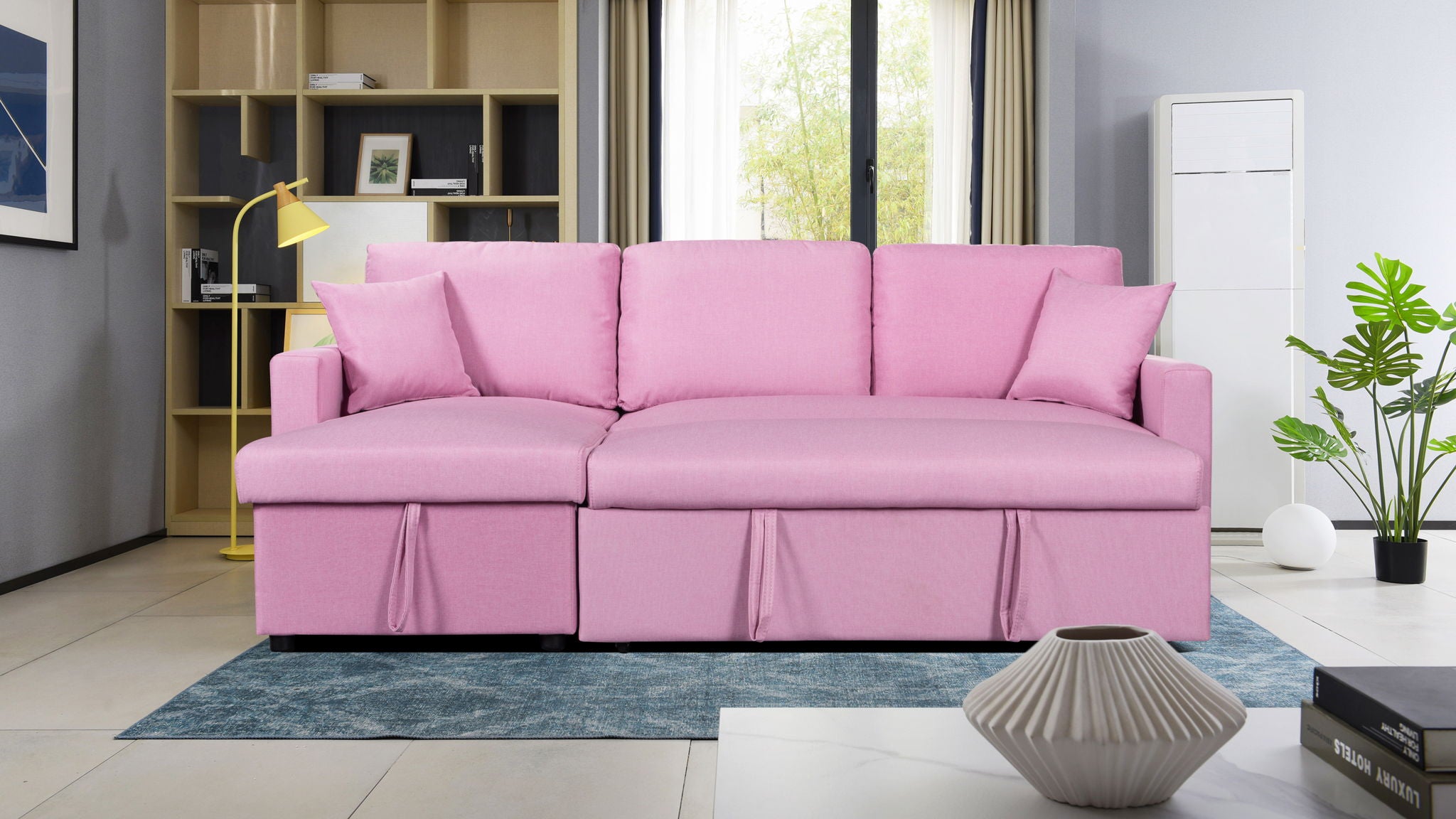 Paisley 82"W Pink Linen Fabric Reversible Sleeper Sectional Sofa with Storage Chaise
