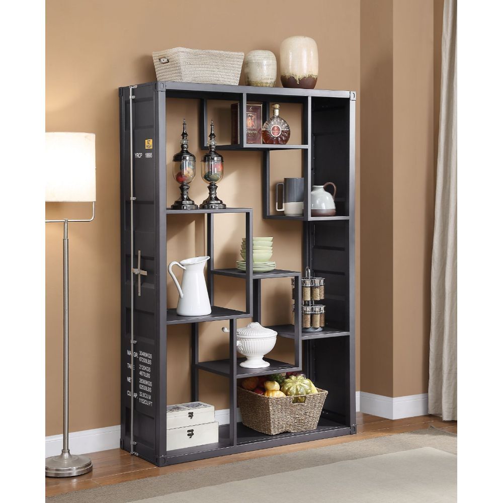 ACME KD, Rectangular Shelf Rack • Storage: 9 Open Compartments (9 Metal Shelves) • Features: Metal Frame, Recessed Panels (Cargo Container Panels), Full-Length Container Lock • (NO LEGS) •• CONSTRUCTION •• Metal Case: Iron Plate | Meri Furniture
