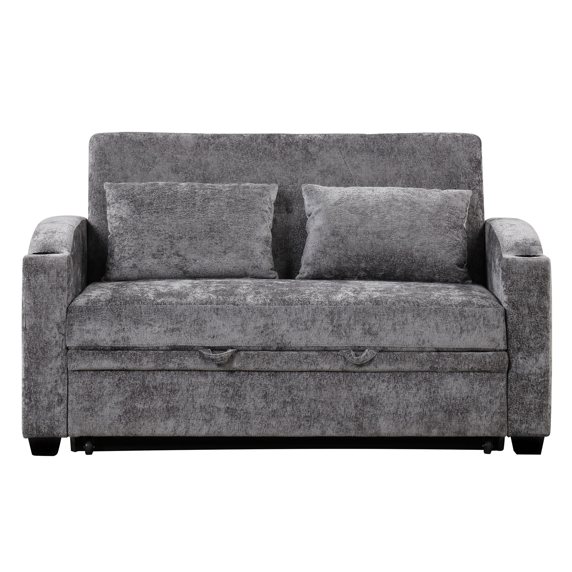 Pull Out Loveseat Sofa With Adjsutable Backrest, 2 Pillows, Cup Holders, USB Ports For Living Room
