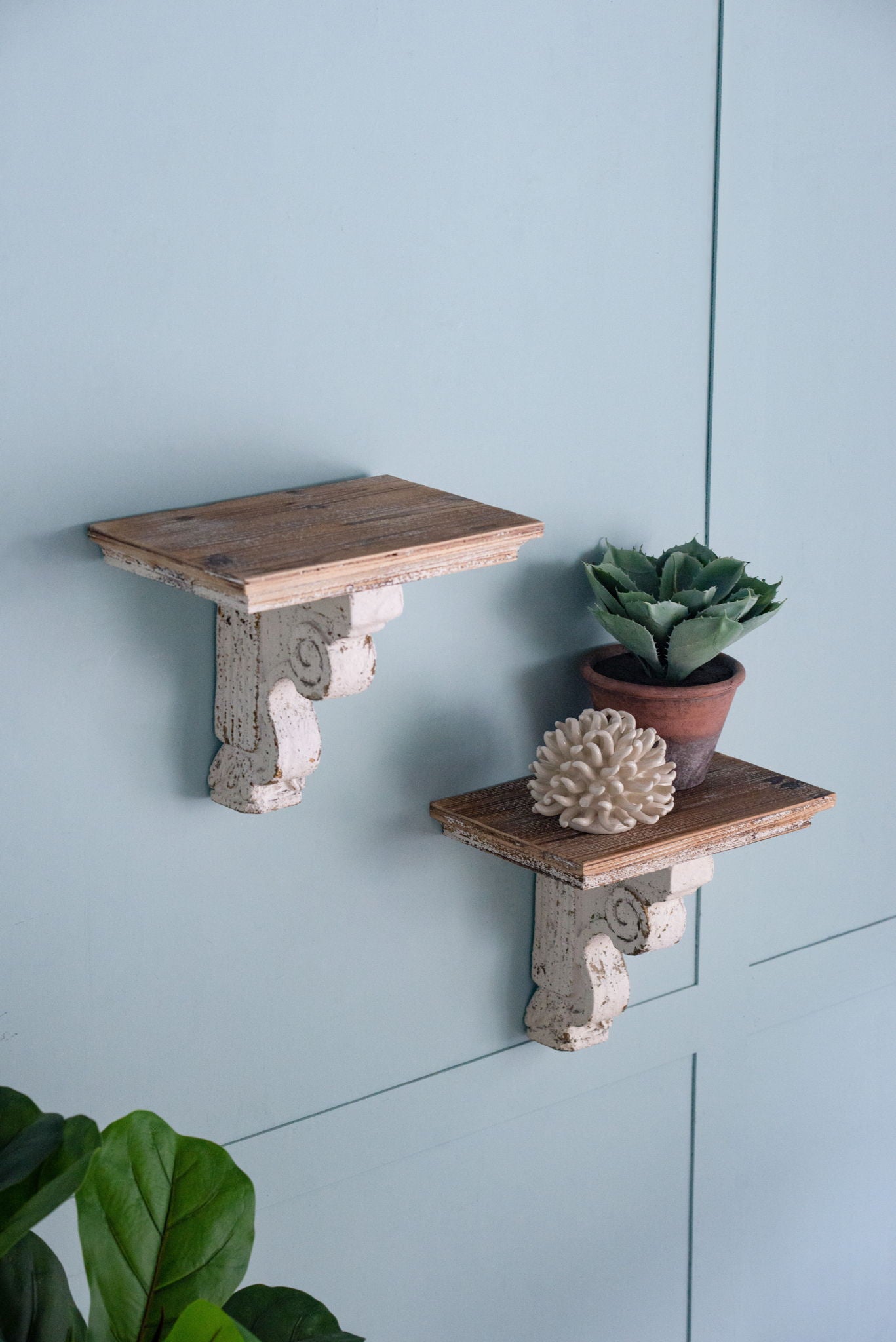 Distressed And Wooden Wall Shelf With Corbel Design - Brown / Antique White